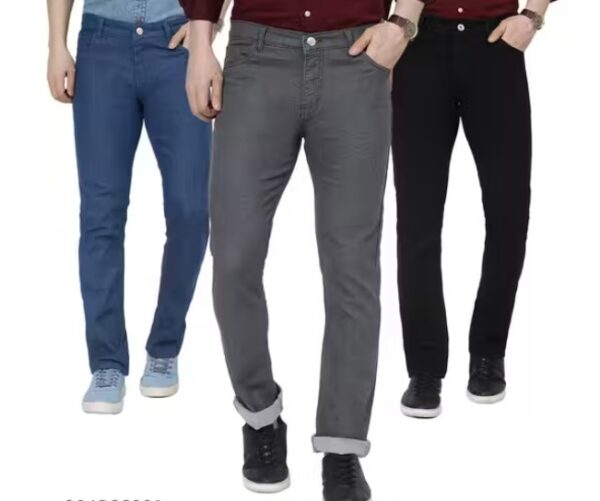 Men's Stretchable Straight Fit Mid Rise Jeans, Pack of 3, Black & Light Blue & Grey